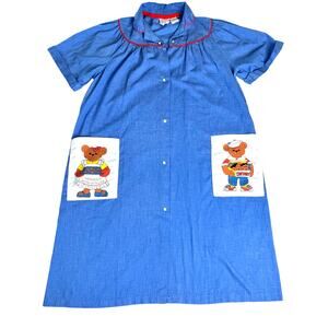 Vintage 80s Wrap Snap Housecoat Dress MuMu Blue Teddy Bear XL Loungewear